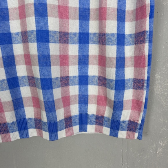 Talbots size L short sleeve lightweight cardigan navy pink check cotton blend - Picture 7 of 10